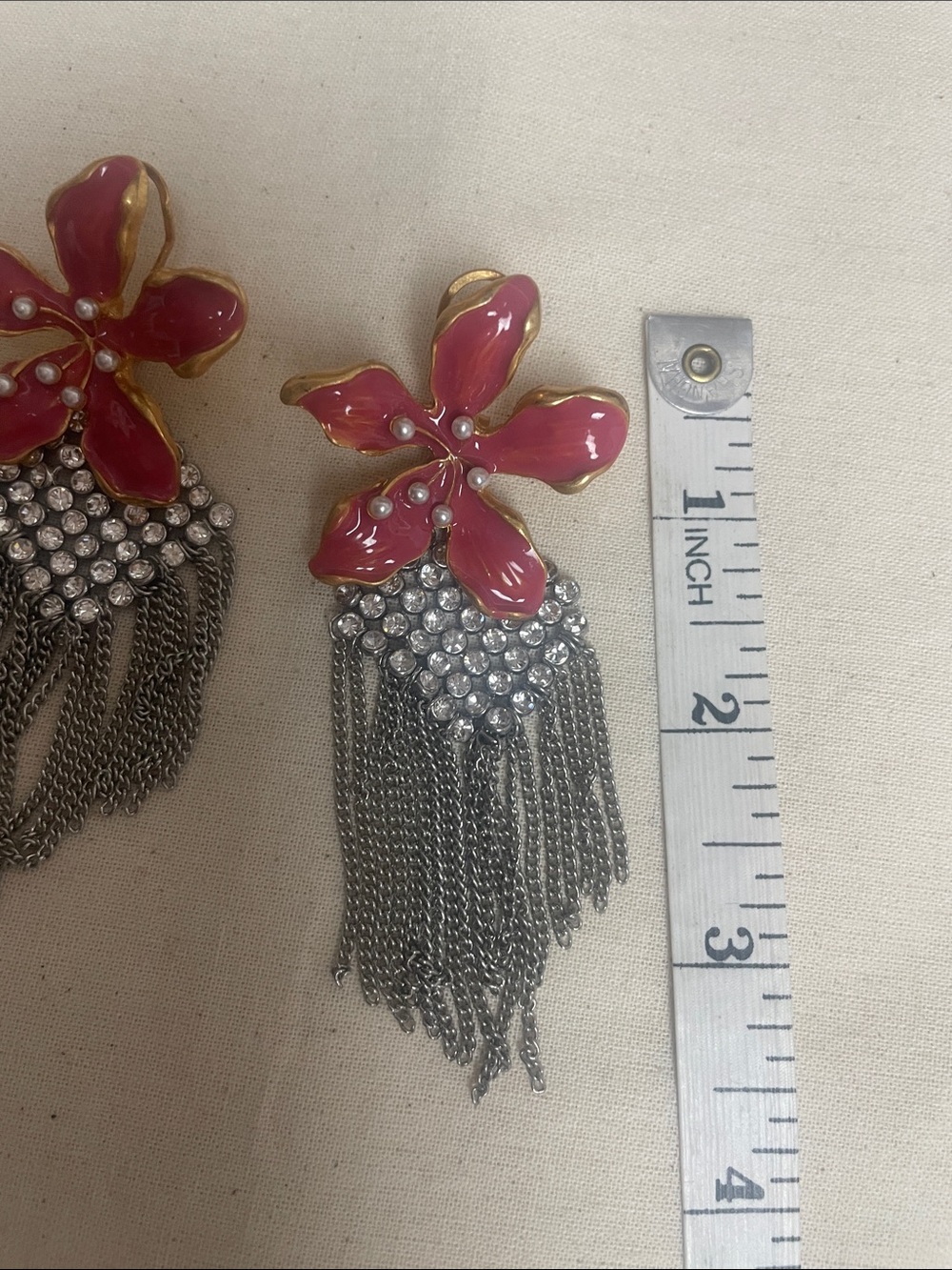 Vintage Coral Floral Earring w/ Cascade Rhinestones - Picture 6 of 7